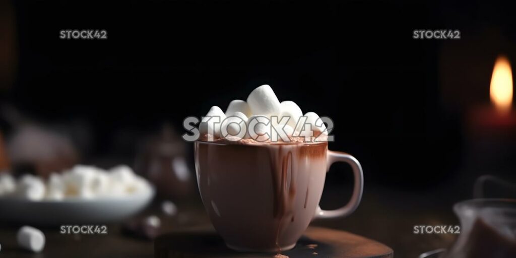 A close-up of a cup of hot cocoa with marshmallows and wh one