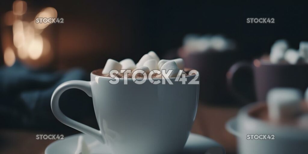 Eine Nahaufnahme einer Tasse heißer Kakao mit Marshmallows und drei