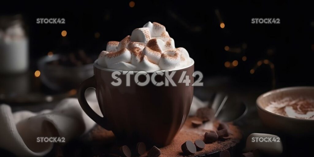 Eine Nahaufnahme einer Tasse heißer Kakao mit Marshmallows und zwei