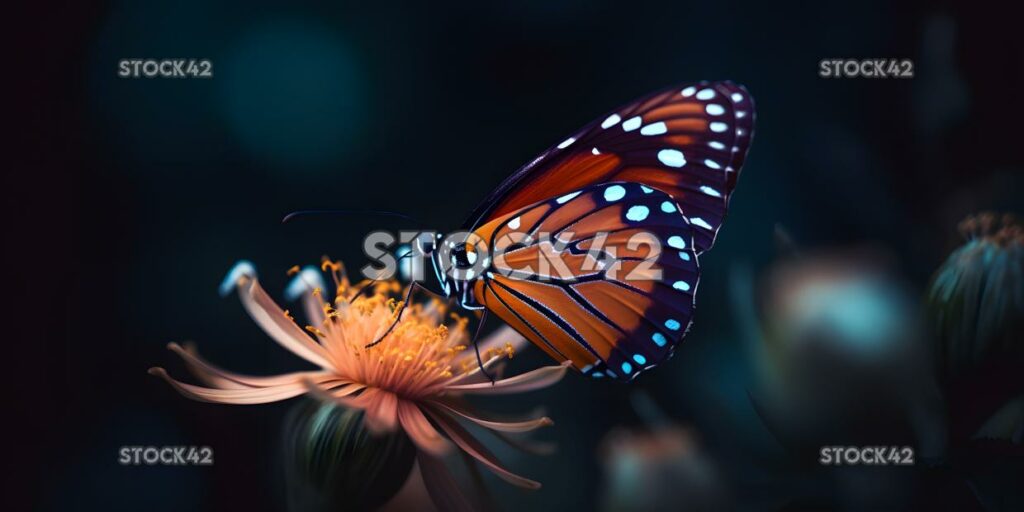 Un primer plano de una delicada mariposa encaramada en una flor dy tres