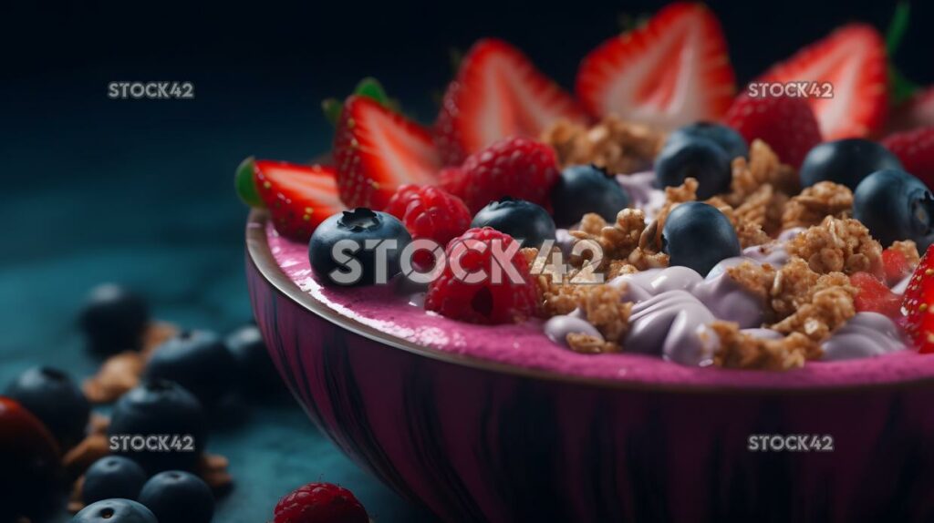 A close-up of a delicious and healthy smoothie bowl toppe