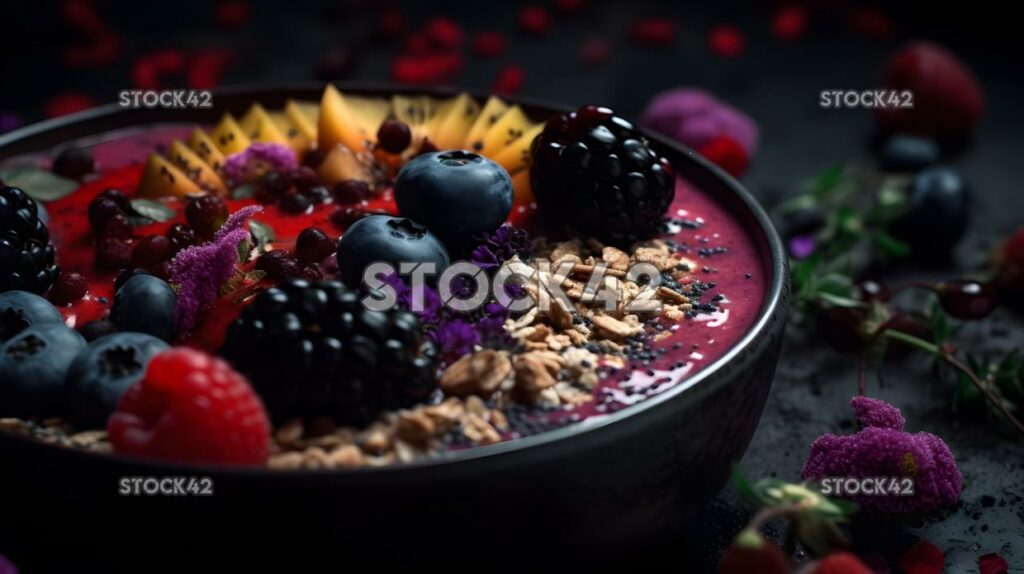 A close-up of a delicious and healthy smoothie bowl toppe one