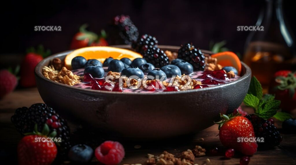 Eine Nahaufnahme einer leckeren und gesunden Smoothie-Bowl toppe drei