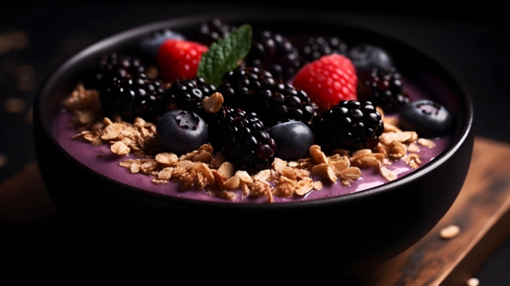 A close-up of a delicious and healthy smoothie bowl toppe two