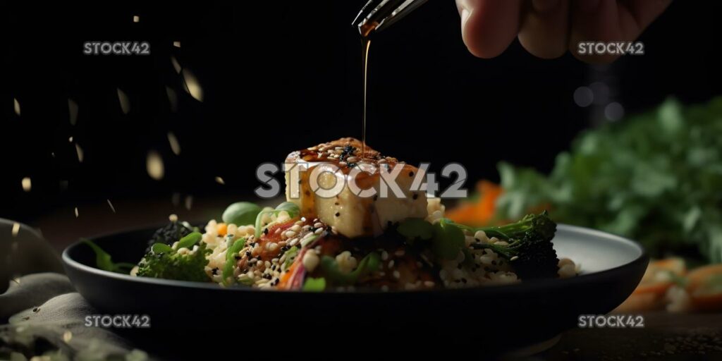 Un primer plano de un tenedor recogiendo un trozo de tofu a la parrilla w