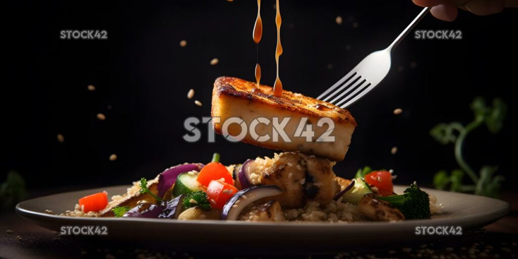 A close-up of a fork picking up a piece of grilled tofu w one