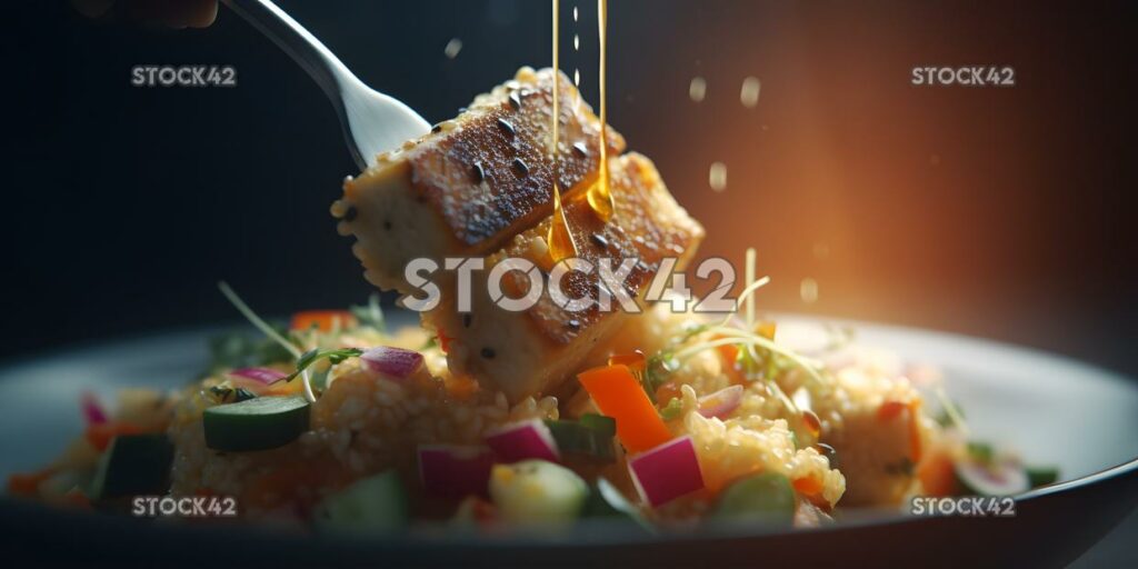 Eine Nahaufnahme einer Gabel, die ein Stück gegrillten Tofu aufnimmt w drei