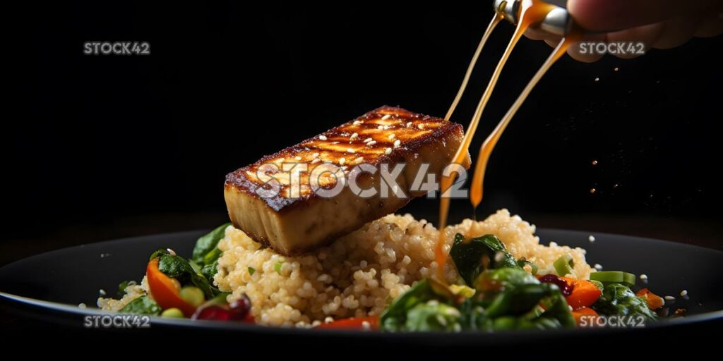 A close-up of a fork picking up a piece of grilled tofu w two