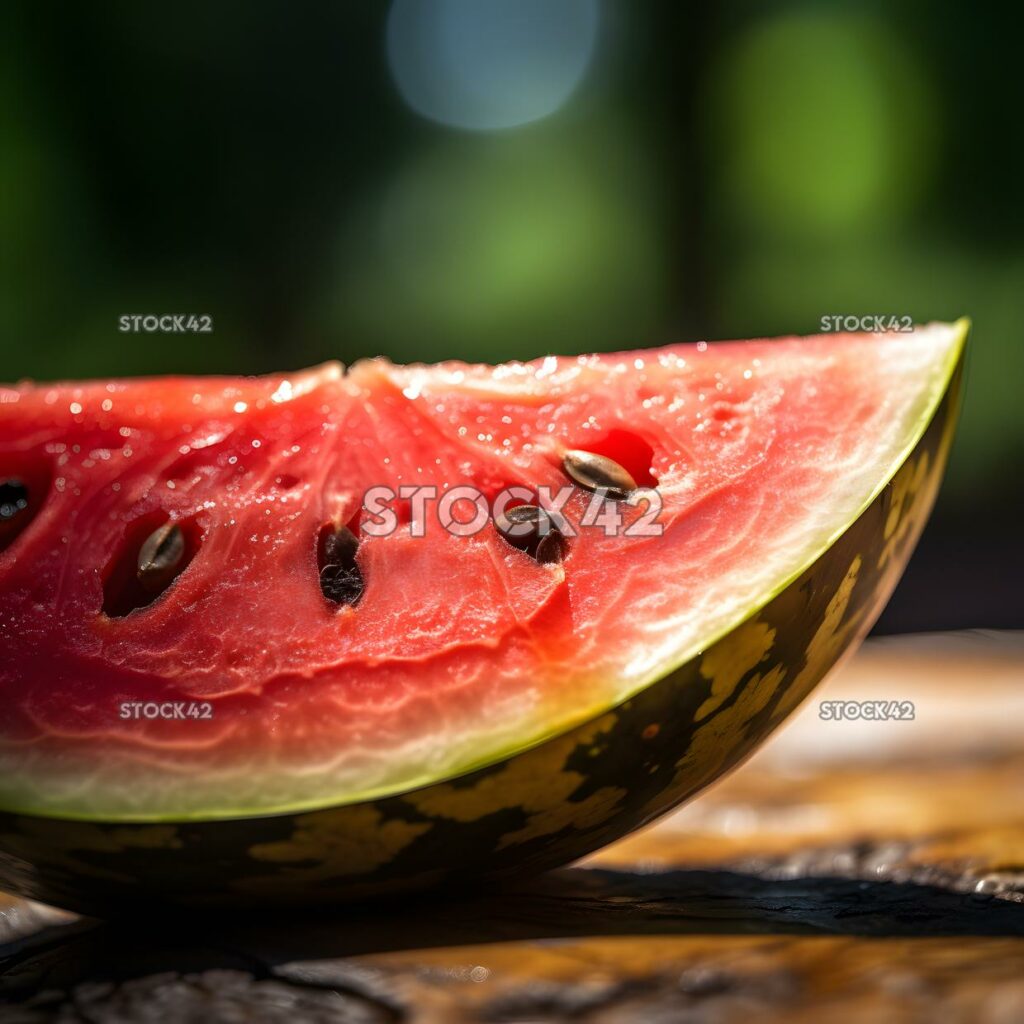 Eine Nahaufnahme einer saftigen und reifen Wassermelonenscheibe auf einer Sonne