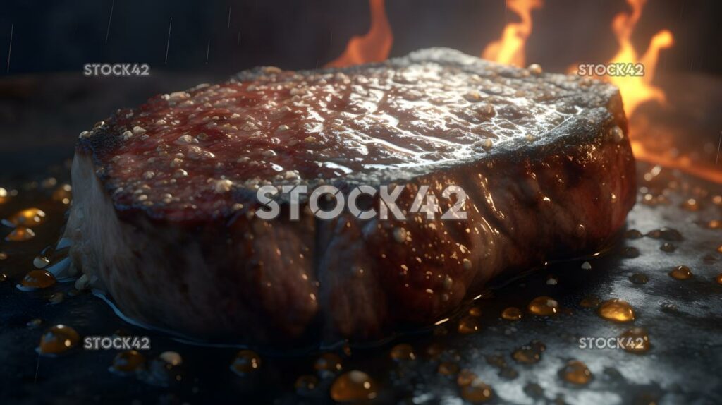 A close-up of a juicy perfectly cooked steak with grill m one