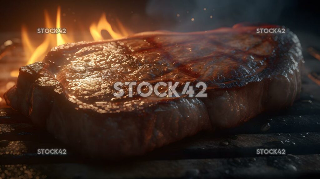 A close-up of a juicy perfectly cooked steak with grill m two