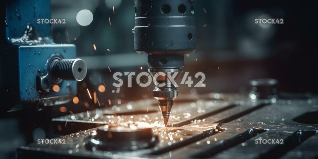 A close-up of a machine tool drilling a hole in a metal p