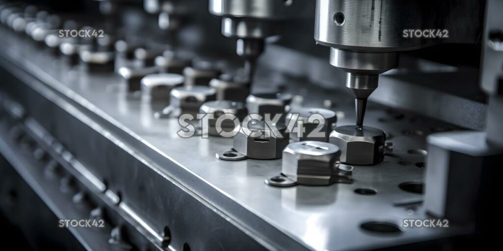 A close-up of a manufacturing machine stamping metal part