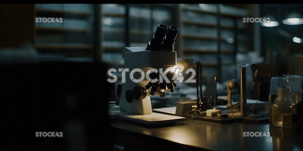 A close-up of a microscope in a university science lab dy one