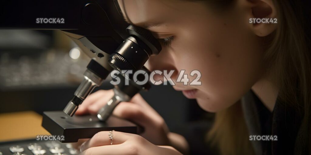 A close-up of a microscope slide being examined by a stud