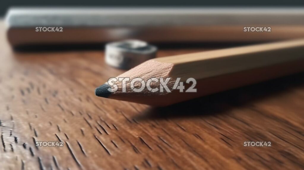 A close-up of a pencil and eraser on a desk Hyper-realist