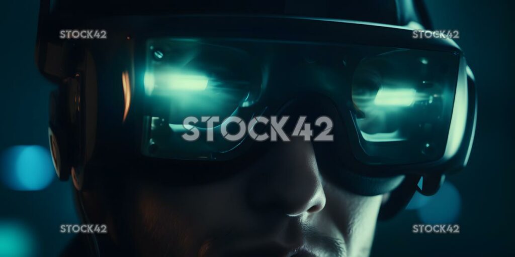 A close-up of a persons eyes wearing VR goggles with a 3D