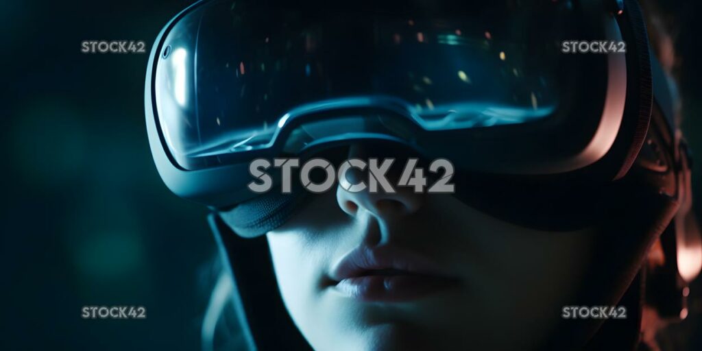 A close-up of a persons eyes wearing VR goggles with a 3D three