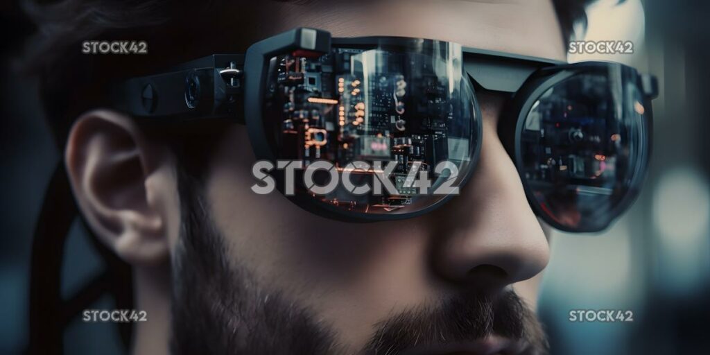 A close-up of a persons eyes wearing augmented reality gl