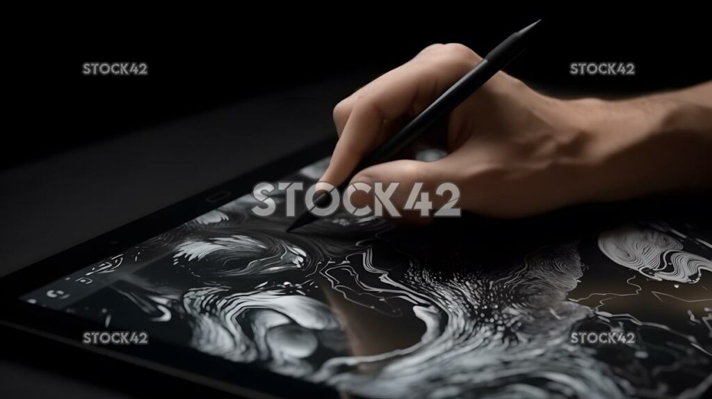 A close-up of a persons hand using a digital drawing tabl one