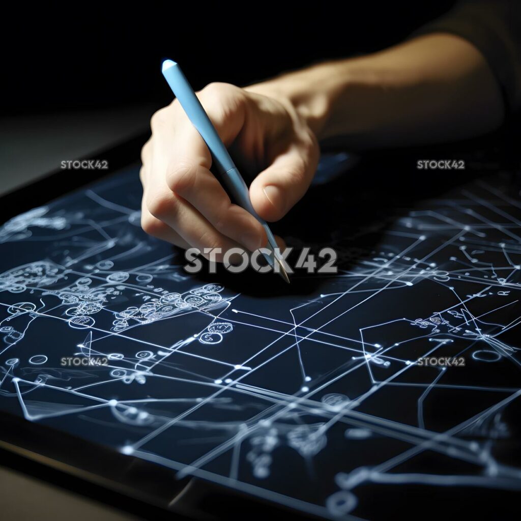 A close-up of a persons hand using a touch screen to draw