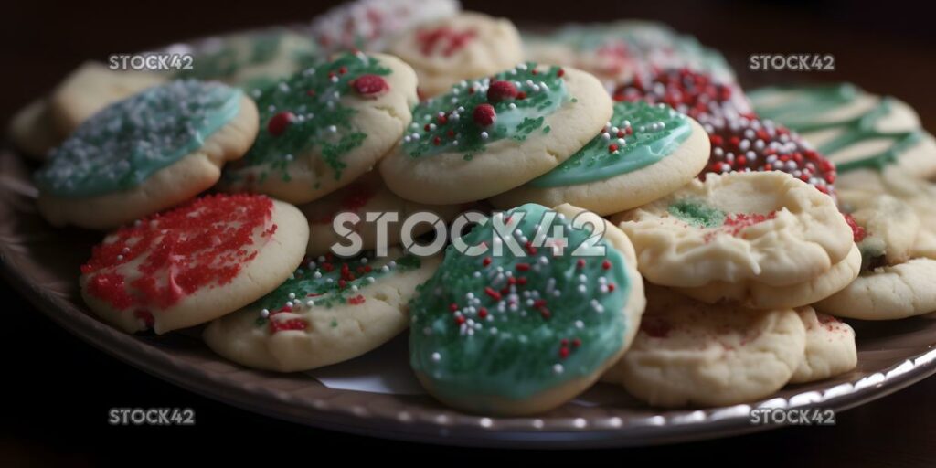 A close-up of a plate of freshly baked Christmas cookies