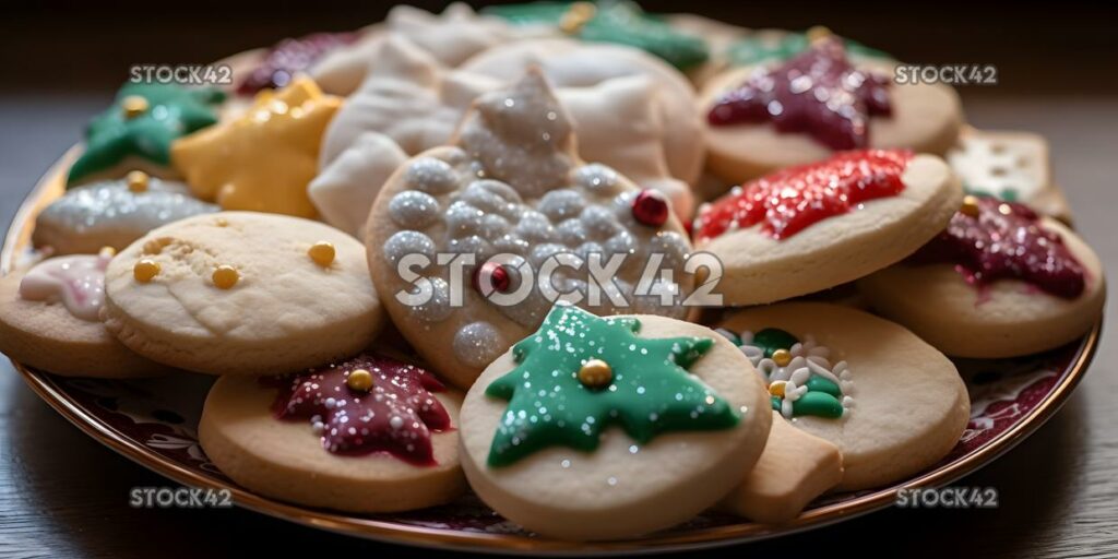 A close-up of a plate of freshly baked Christmas cookies one