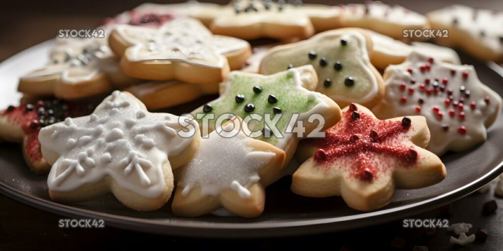 A close-up of a plate of freshly baked Christmas cookies three