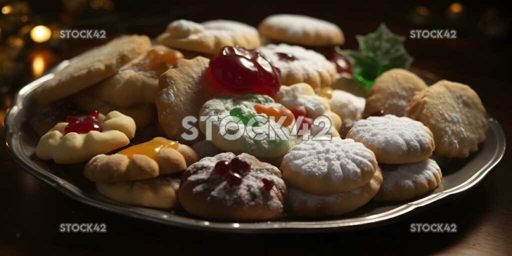 A close-up of a plate of freshly baked Christmas cookies two