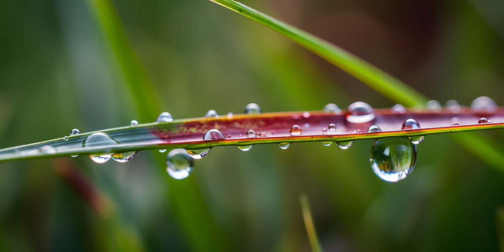 A close-up of a raindrop on a blade of grass colors