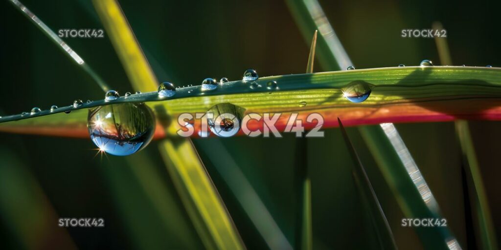 A close-up of a raindrop on a blade of grass colors one