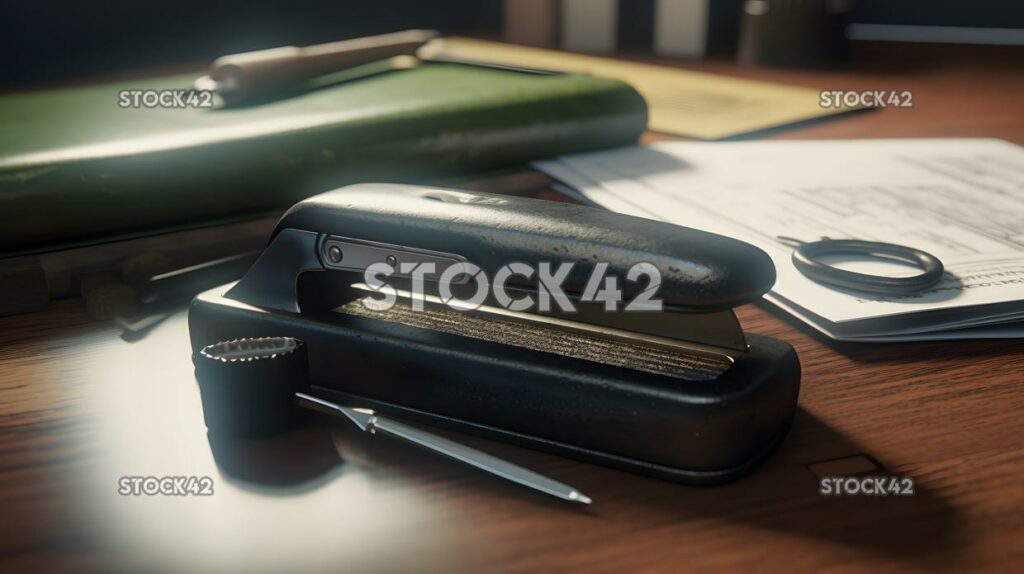 A close-up of a stapler and staples on a desk with papers