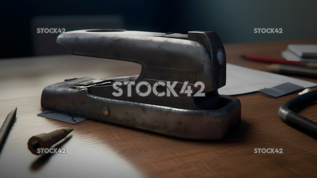 A close-up of a stapler and staples on a desk with papers one