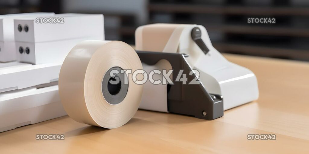 A close-up of a tape dispenser and rolls of tape on a des