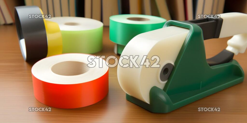 A close-up of a tape dispenser and rolls of tape on a des one