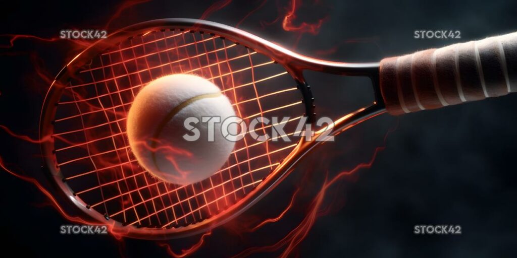 A close-up of a tennis racket as the ball strikes the str