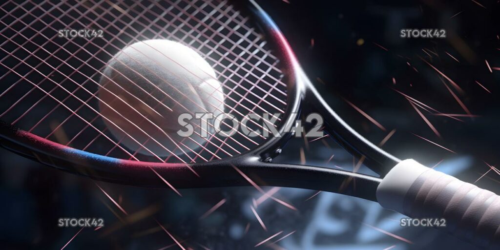 A close-up of a tennis racket as the ball strikes the str one