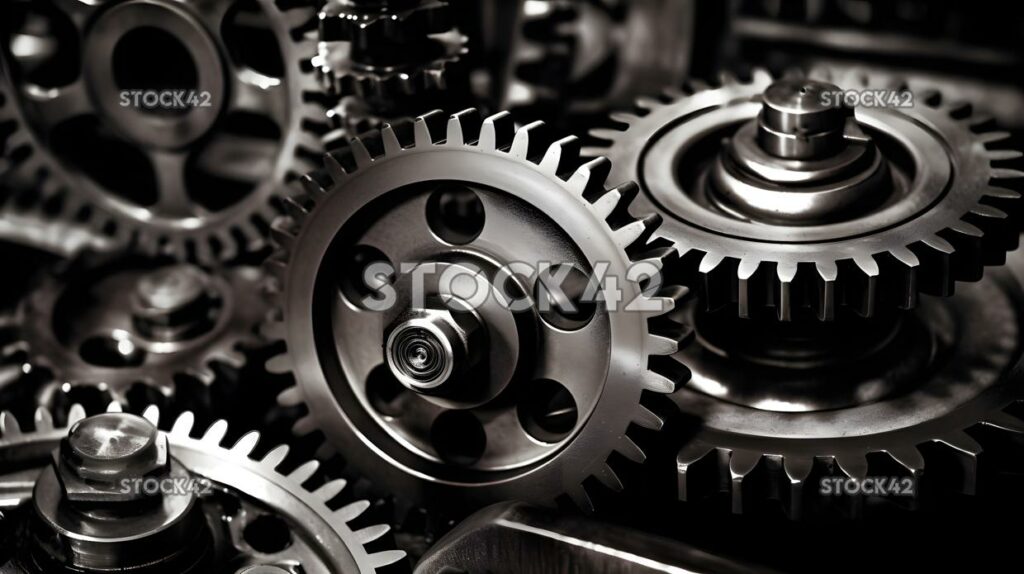 A close-up of industrial gears and cogs in motion high co