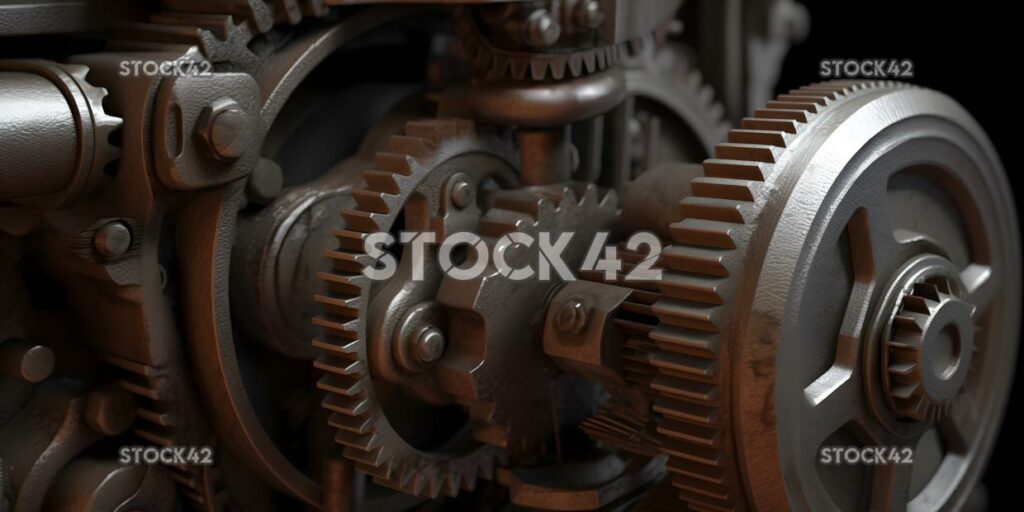 A close-up of industrial machinery with gears and belts H