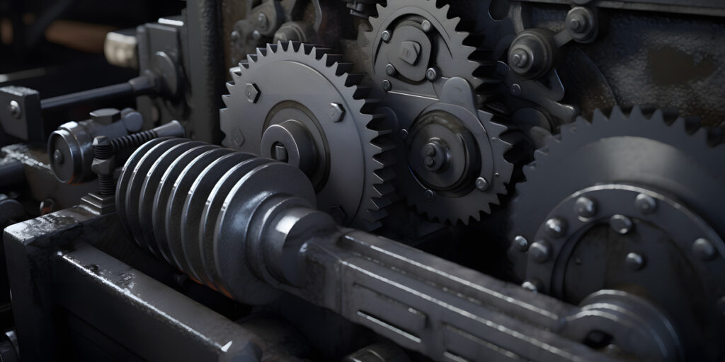 A close-up of industrial machinery with gears and belts H one