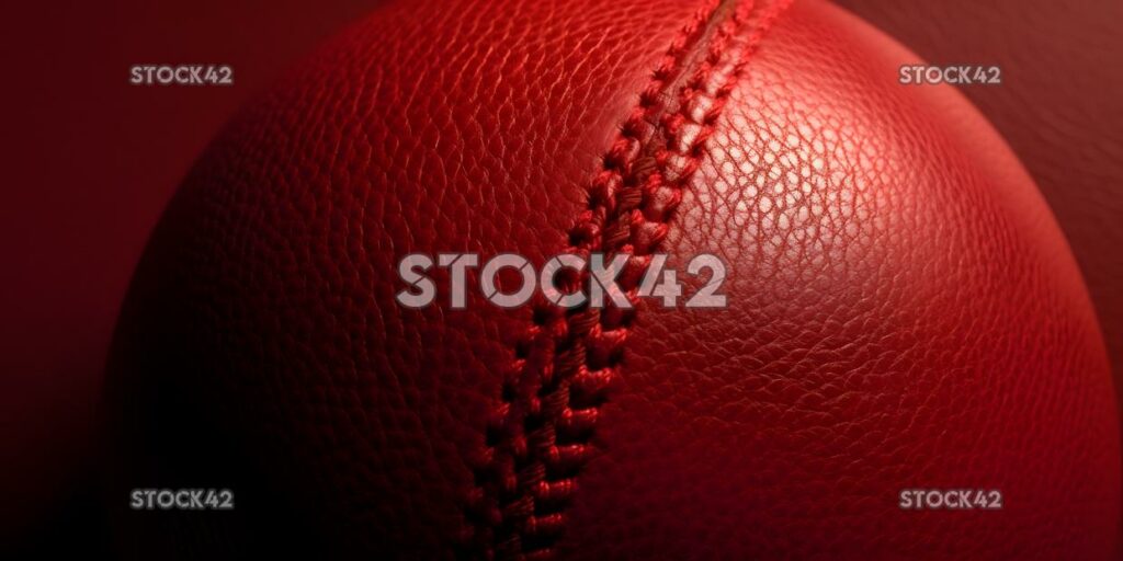 A close-up shot of a cricket ball showing its red leather