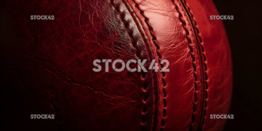 A close-up shot of a cricket ball showing its red leather one