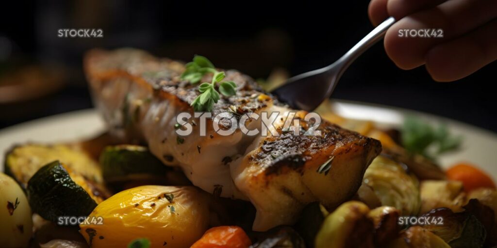 A close-up shot of a fork picking up a piece of grilled f