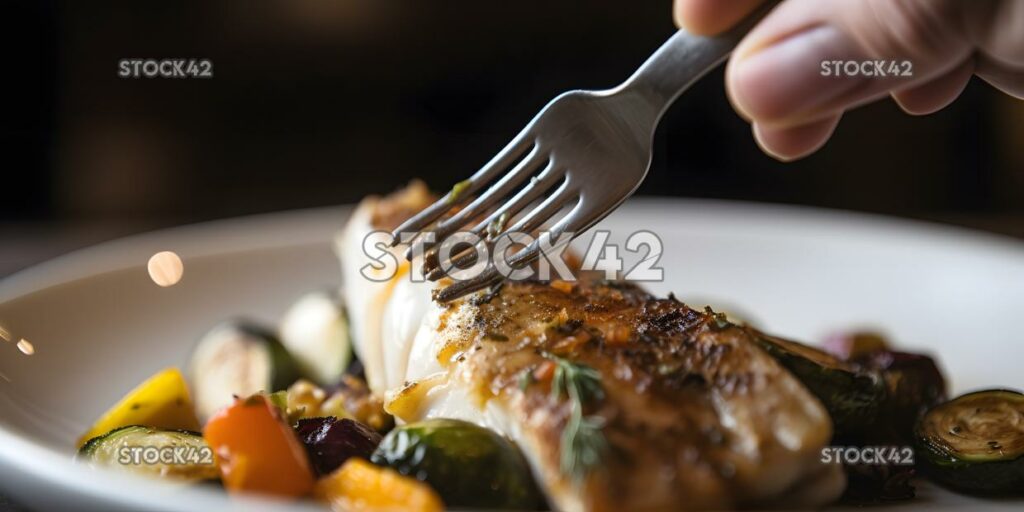 A close-up shot of a fork picking up a piece of grilled f one