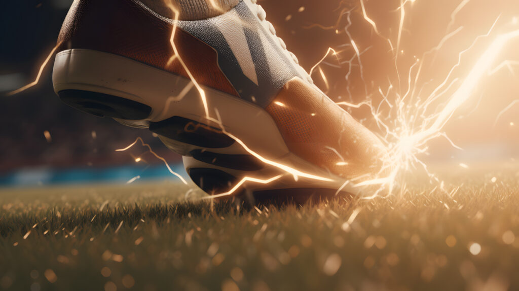 A close-up shot of a players foot kicking the ball Hyper- three