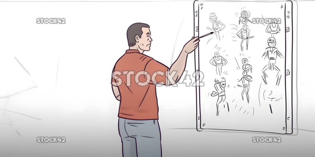 Ein Trainer entwirft einen Spielzug auf einem Whiteboard während eines Time-One