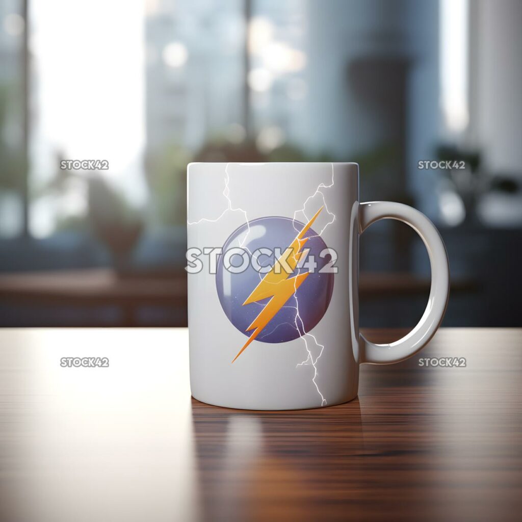 A coffee mug with a company logo on it dynamic lightning