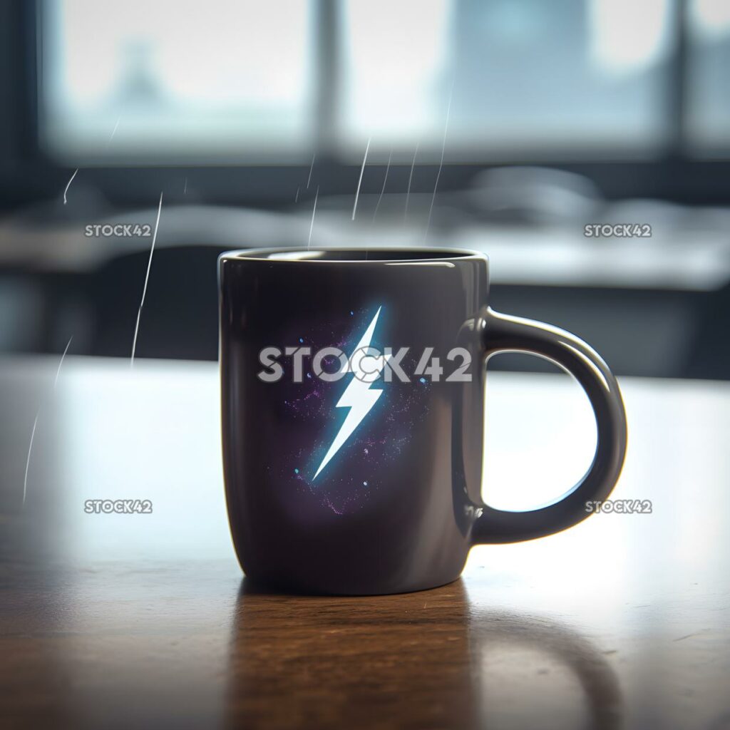 A coffee mug with a company logo on it dynamic lightning one