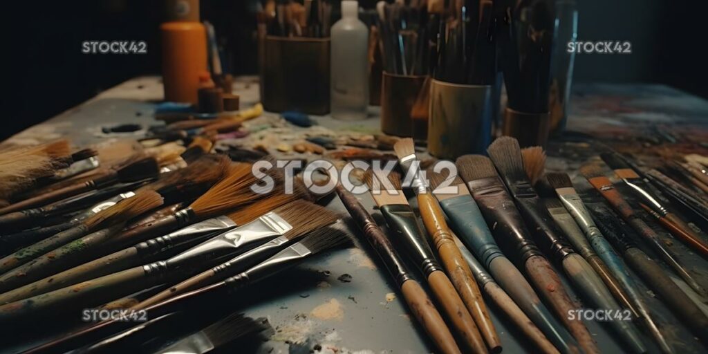 A collection of paint brushes of various sizes and shapes