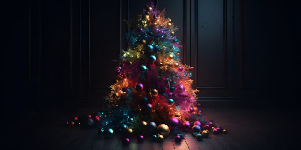 A colorful Christmas tree decorated with ornaments and li